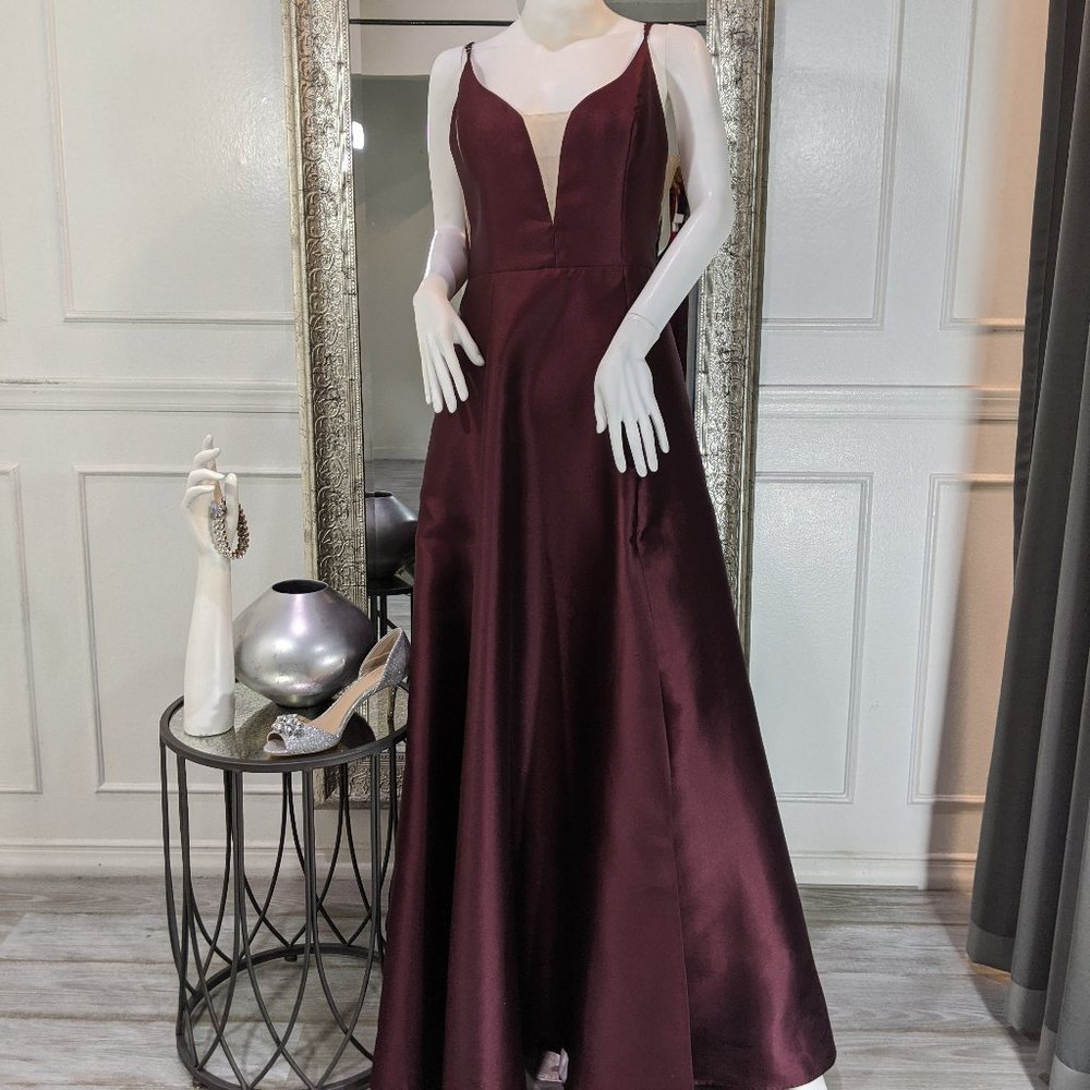 B Darlin Burgundy Satin Maxi Dress with Deep V